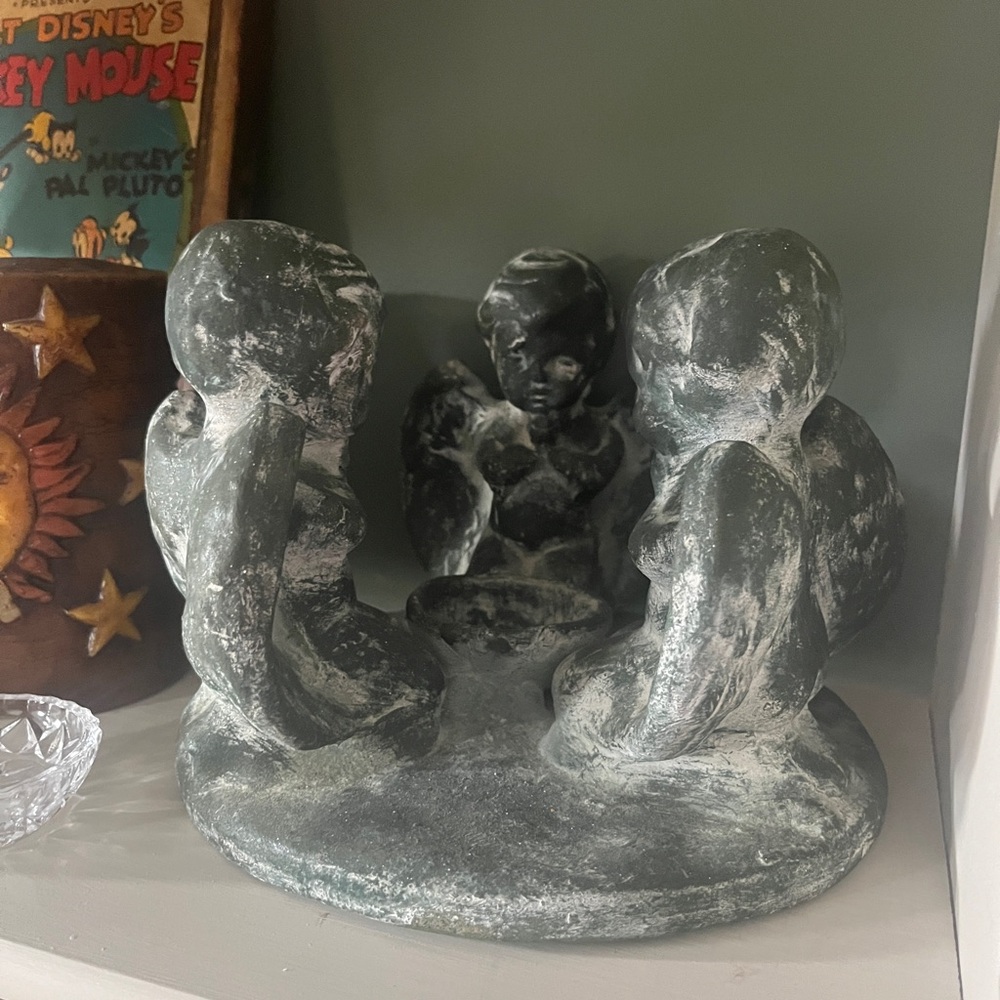Angel Circle of Friends Large Clay Candle Holder Vintage 90s Stoneware Green